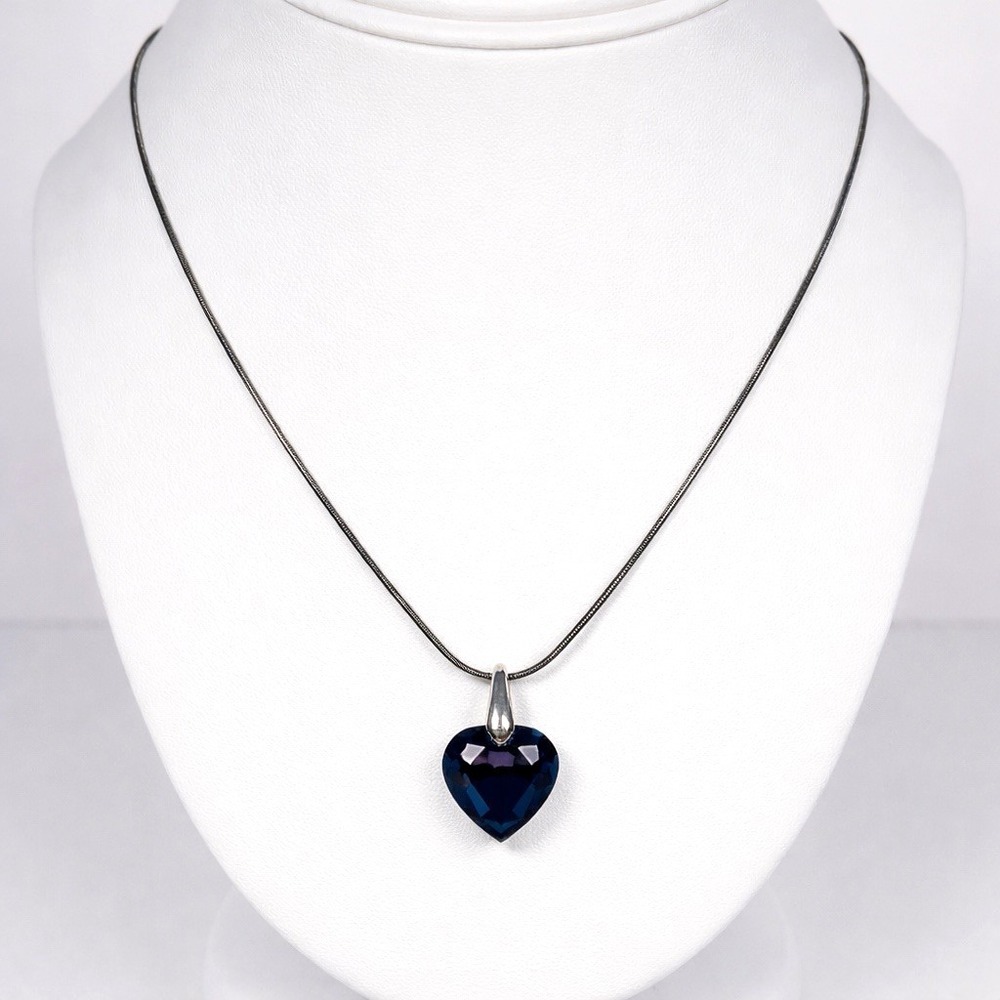 925 Sterling Silver Italy Snake Chain Heart Pendant Necklace Blue Glass 18" NWT